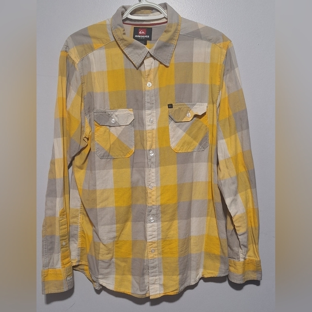 Lrg Quiksilver Men's Yellow and Gray Checkered Shirt